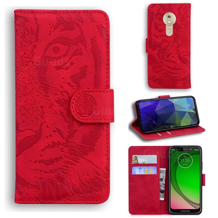 Intricate Embossing Tiger Face Leather Wallet Case for Motorola Moto G7 Play - Red