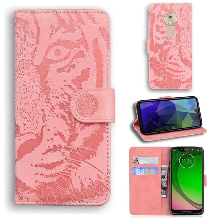 Intricate Embossing Tiger Face Leather Wallet Case for Motorola Moto G7 Play - Pink