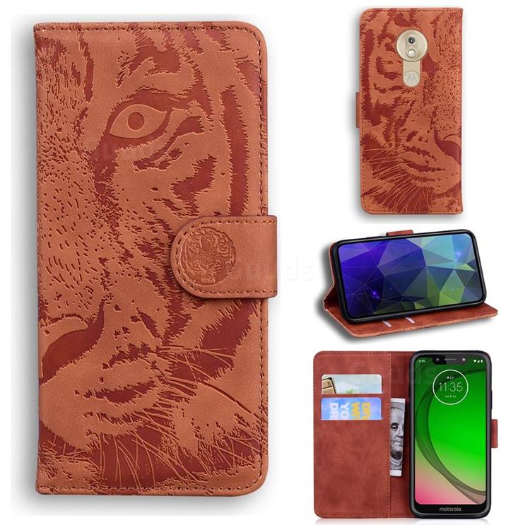 Intricate Embossing Tiger Face Leather Wallet Case for Motorola Moto G7 Play - Brown