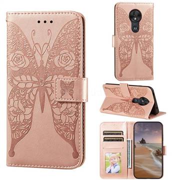 Intricate Embossing Rose Flower Butterfly Leather Wallet Case for Motorola Moto G7 Play - Rose Gold