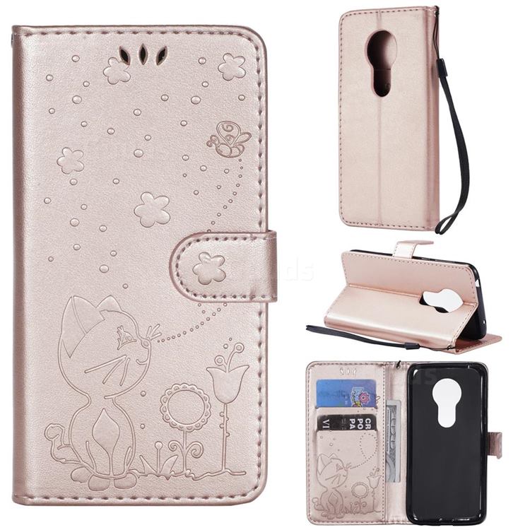 Embossing Bee and Cat Leather Wallet Case for Motorola Moto G7 Play - Rose Gold
