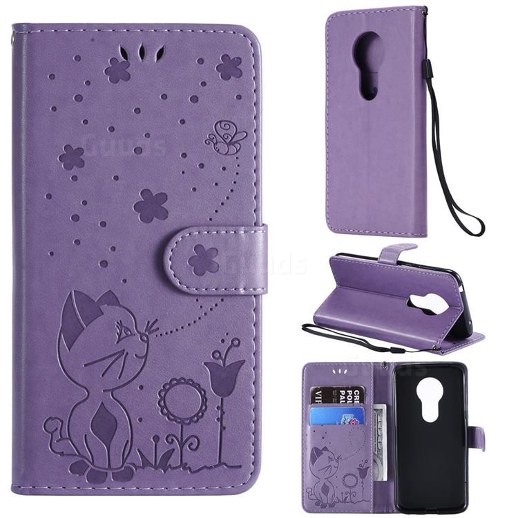 Embossing Bee and Cat Leather Wallet Case for Motorola Moto G7 Play - Purple