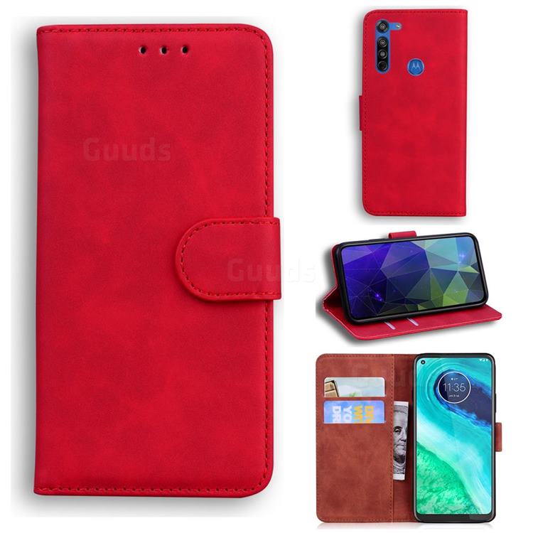 Retro Classic Skin Feel Leather Wallet Phone Case for Motorola Moto G8 - Red