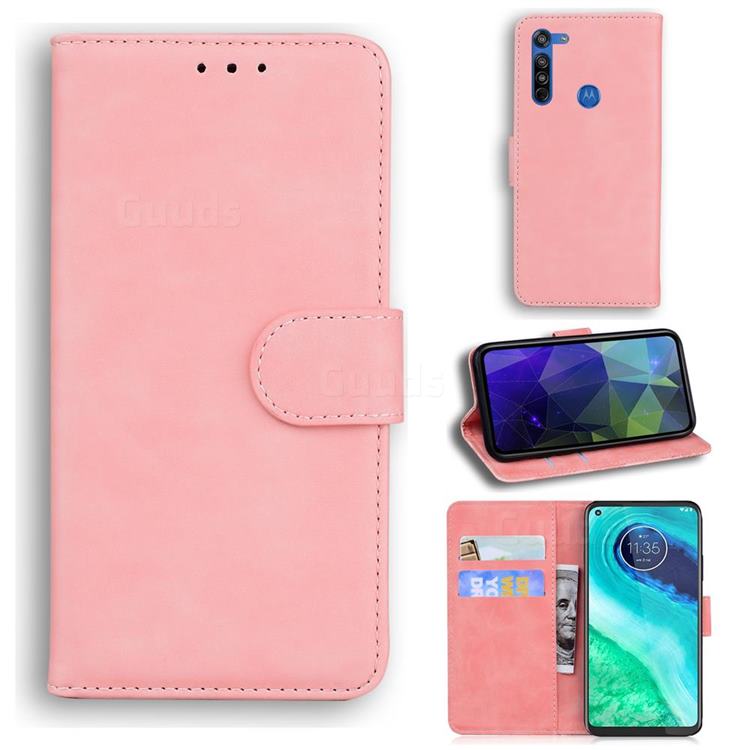 Retro Classic Skin Feel Leather Wallet Phone Case for Motorola Moto G8 - Pink