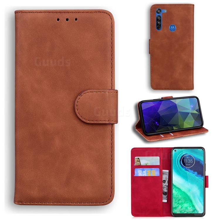 Retro Classic Skin Feel Leather Wallet Phone Case for Motorola Moto G8 - Brown