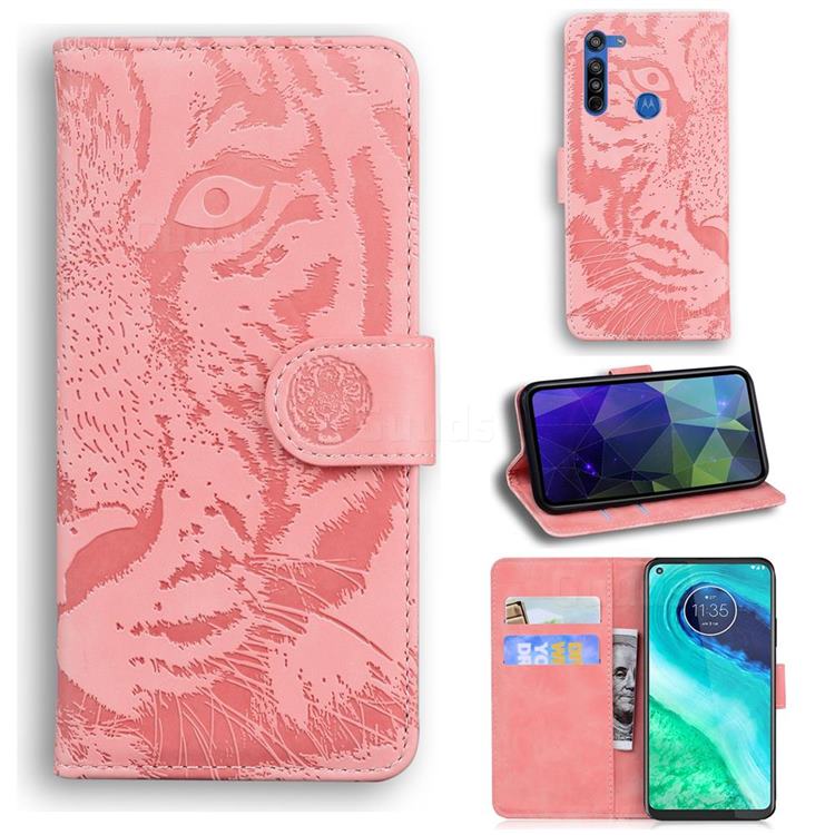 Intricate Embossing Tiger Face Leather Wallet Case for Motorola Moto G8 - Pink
