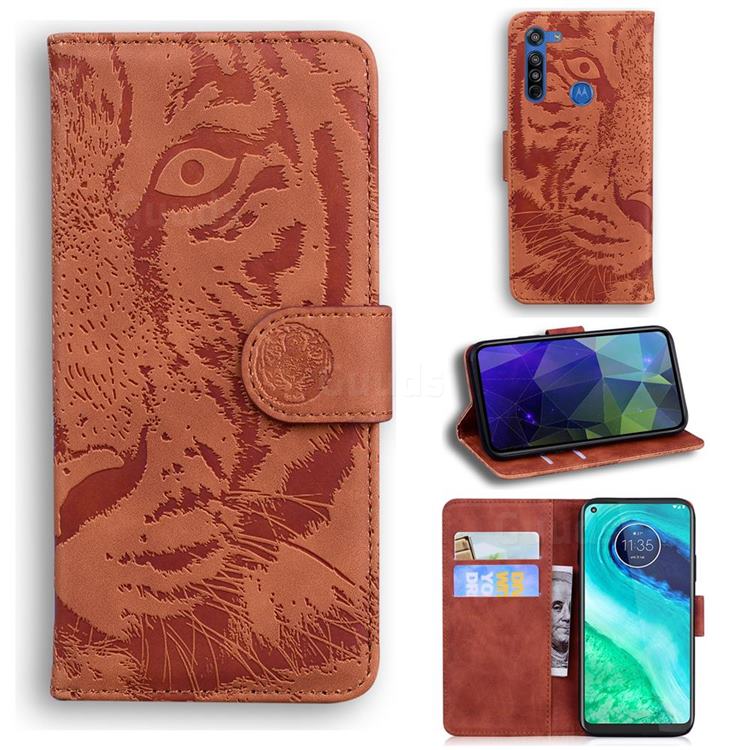 Intricate Embossing Tiger Face Leather Wallet Case for Motorola Moto G8 - Brown