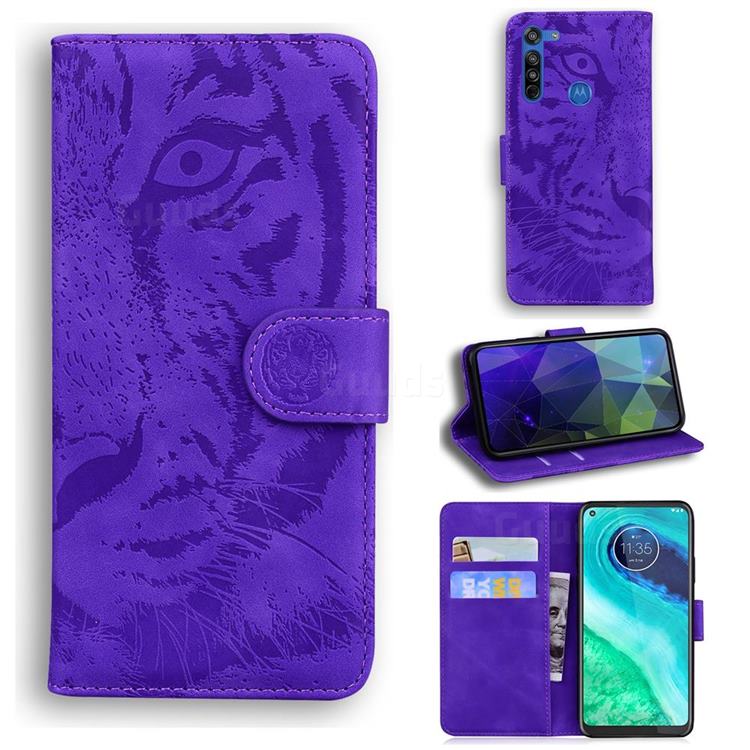 Intricate Embossing Tiger Face Leather Wallet Case for Motorola Moto G8 - Purple
