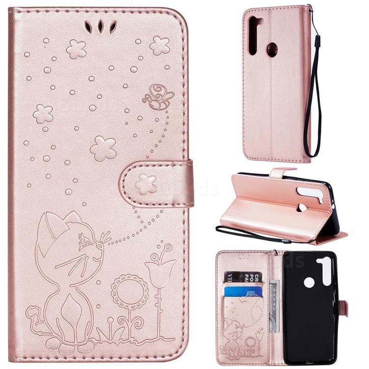 Embossing Bee and Cat Leather Wallet Case for Motorola Moto G8 - Rose Gold
