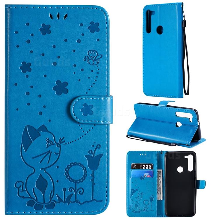 Embossing Bee and Cat Leather Wallet Case for Motorola Moto G8 - Blue