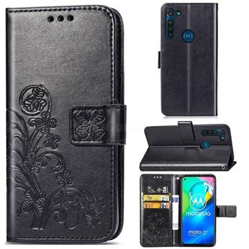 Embossing Imprint Four-Leaf Clover Leather Wallet Case for Motorola Moto G8 Power - Black