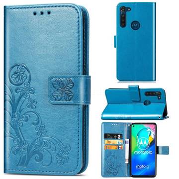 Embossing Imprint Four-Leaf Clover Leather Wallet Case for Motorola Moto G8 Power - Blue