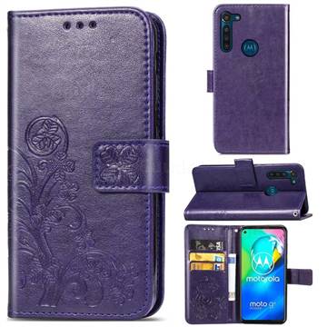 Embossing Imprint Four-Leaf Clover Leather Wallet Case for Motorola Moto G8 Power - Purple