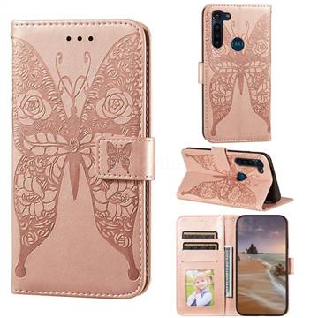Intricate Embossing Rose Flower Butterfly Leather Wallet Case for Motorola Moto G8 Power - Rose Gold