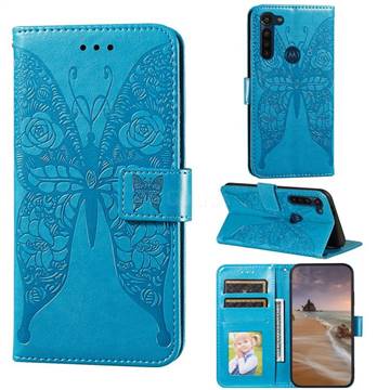 Intricate Embossing Rose Flower Butterfly Leather Wallet Case for Motorola Moto G8 Power - Blue