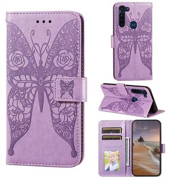 Intricate Embossing Rose Flower Butterfly Leather Wallet Case for Motorola Moto G8 Power - Purple