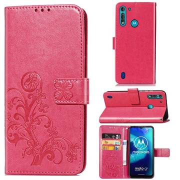 Embossing Imprint Four-Leaf Clover Leather Wallet Case for Motorola Moto G8 Power Lite - Rose Red