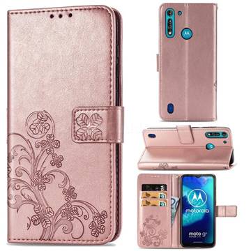 Embossing Imprint Four-Leaf Clover Leather Wallet Case for Motorola Moto G8 Power Lite - Rose Gold