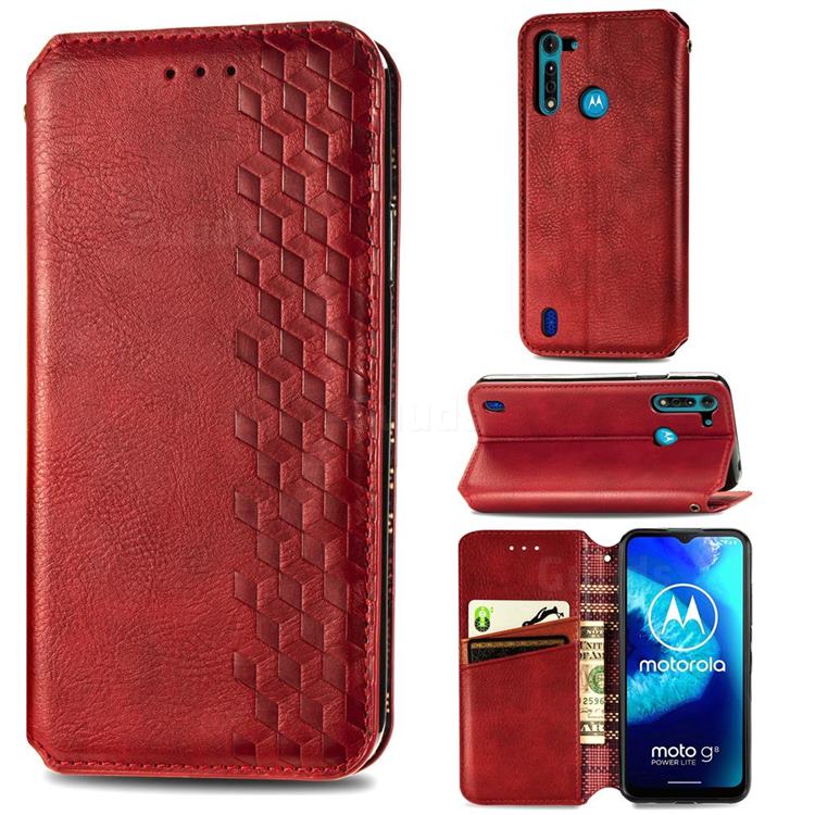 Ultra Slim Fashion Business Card Magnetic Automatic Suction Leather Flip Cover for Motorola Moto G8 Power Lite - Red