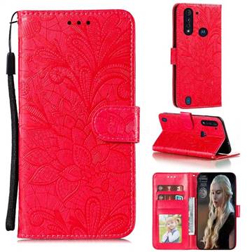 Intricate Embossing Lace Jasmine Flower Leather Wallet Case for Motorola Moto G8 Power Lite - Red