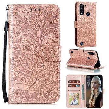 Intricate Embossing Lace Jasmine Flower Leather Wallet Case for Motorola Moto G8 Power Lite - Rose Gold