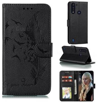 Intricate Embossing Lychee Feather Bird Leather Wallet Case for Motorola Moto G8 Power Lite - Black