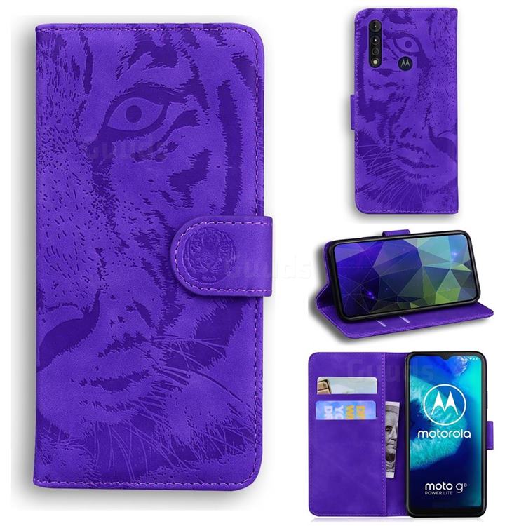 Intricate Embossing Tiger Face Leather Wallet Case for Motorola Moto G8 Power Lite - Purple