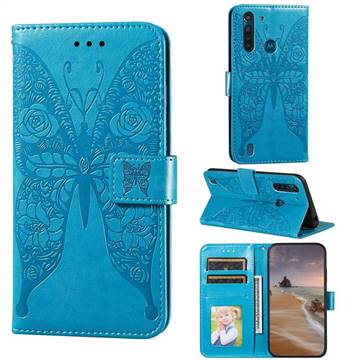 Intricate Embossing Rose Flower Butterfly Leather Wallet Case for Motorola Moto G8 Power Lite - Blue