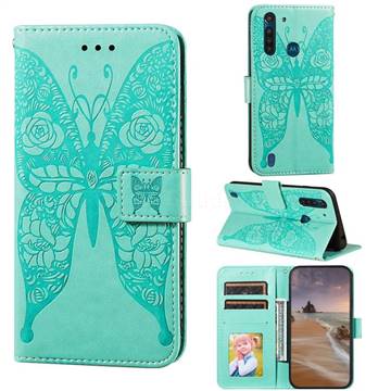 Intricate Embossing Rose Flower Butterfly Leather Wallet Case for Motorola Moto G8 Power Lite - Green