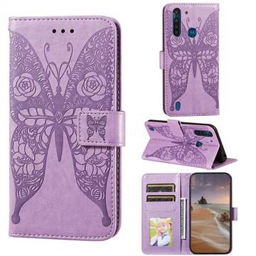 Intricate Embossing Rose Flower Butterfly Leather Wallet Case for Motorola Moto G8 Power Lite - Purple