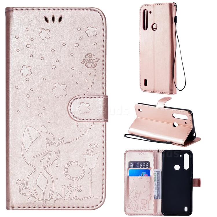 Embossing Bee and Cat Leather Wallet Case for Motorola Moto G8 Power Lite - Rose Gold