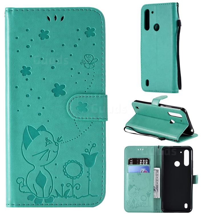 Embossing Bee and Cat Leather Wallet Case for Motorola Moto G8 Power Lite - Green