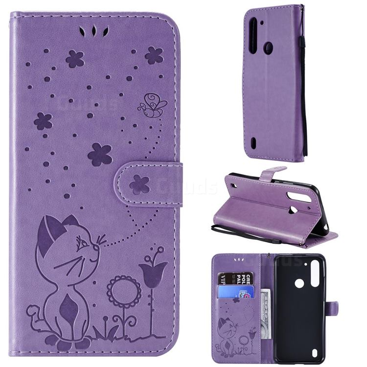 Embossing Bee and Cat Leather Wallet Case for Motorola Moto G8 Power Lite - Purple
