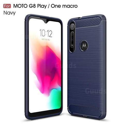 Luxury Carbon Fiber Brushed Wire Drawing Silicone TPU Back Cover for Motorola Moto G8 Play - Navy