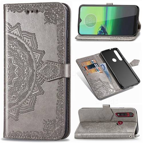 Embossing Imprint Mandala Flower Leather Wallet Case for Motorola Moto G8 Play - Gray