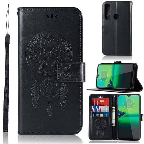 Intricate Embossing Owl Campanula Leather Wallet Case for Motorola Moto G8 Play - Black