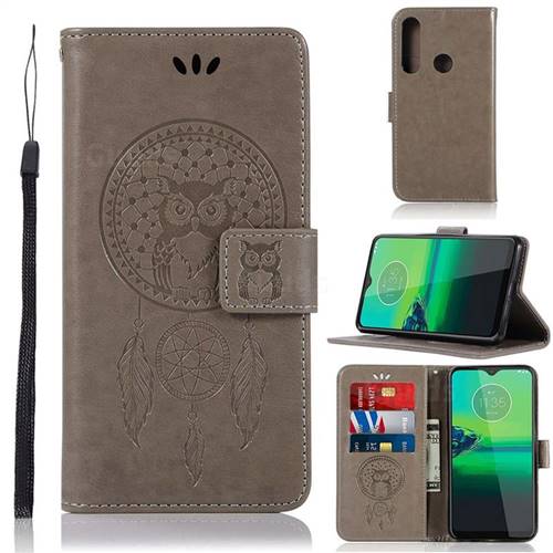 Intricate Embossing Owl Campanula Leather Wallet Case for Motorola Moto G8 Play - Grey