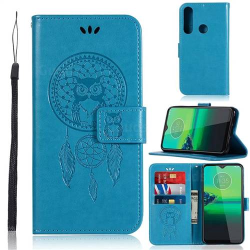 Intricate Embossing Owl Campanula Leather Wallet Case for Motorola Moto G8 Play - Blue