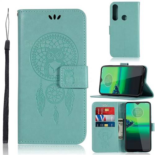 Intricate Embossing Owl Campanula Leather Wallet Case for Motorola Moto G8 Play - Green