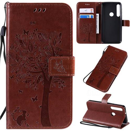 Embossing Butterfly Tree Leather Wallet Case for Motorola Moto G8 Play - Coffee
