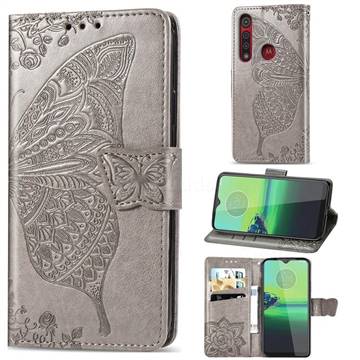 Embossing Mandala Flower Butterfly Leather Wallet Case for Motorola Moto G8 Play - Gray