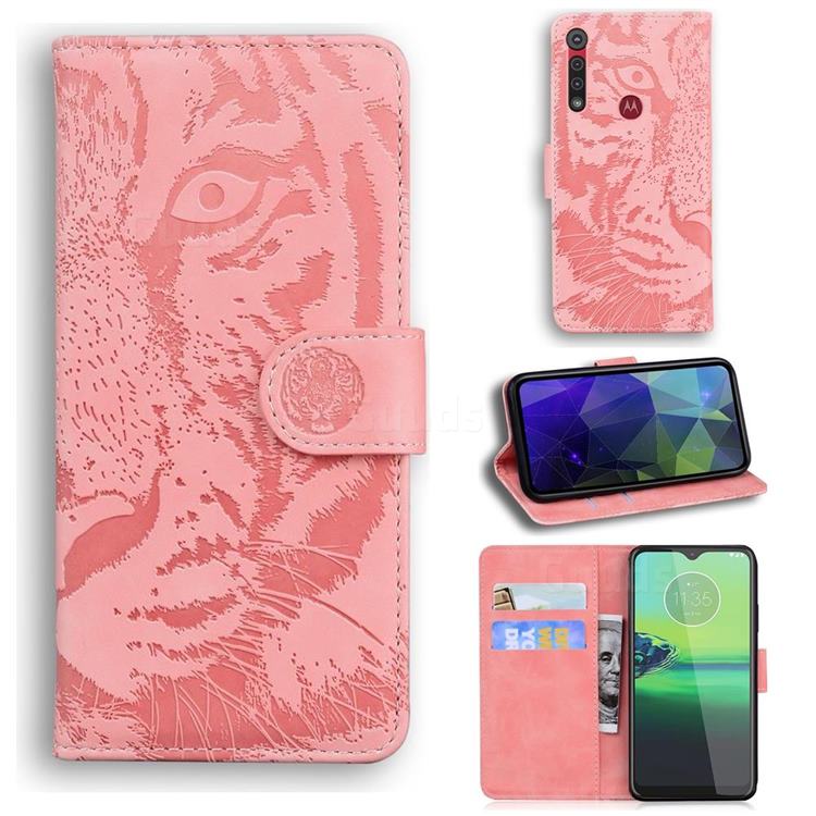 Intricate Embossing Tiger Face Leather Wallet Case for Motorola Moto G8 Play - Pink