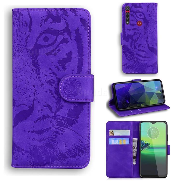 Intricate Embossing Tiger Face Leather Wallet Case for Motorola Moto G8 Play - Purple