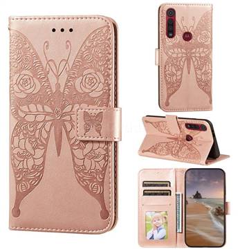 Intricate Embossing Rose Flower Butterfly Leather Wallet Case for Motorola Moto G8 Play - Rose Gold
