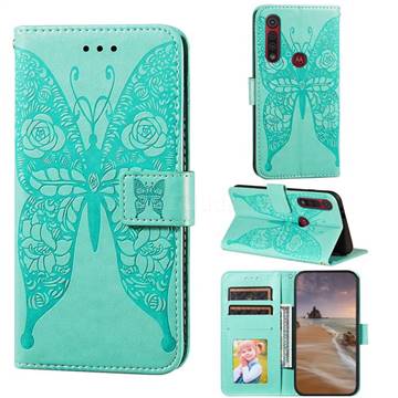 Intricate Embossing Rose Flower Butterfly Leather Wallet Case for Motorola Moto G8 Play - Green