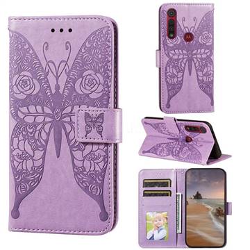 Intricate Embossing Rose Flower Butterfly Leather Wallet Case for Motorola Moto G8 Play - Purple