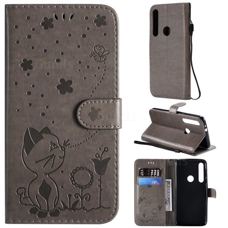 Embossing Bee and Cat Leather Wallet Case for Motorola Moto G8 Play - Gray