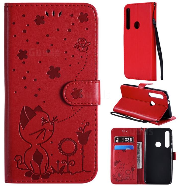 Embossing Bee and Cat Leather Wallet Case for Motorola Moto G8 Play - Red