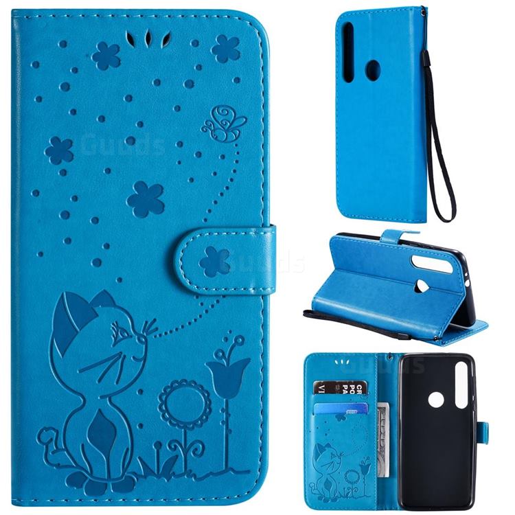 Embossing Bee and Cat Leather Wallet Case for Motorola Moto G8 Play - Blue