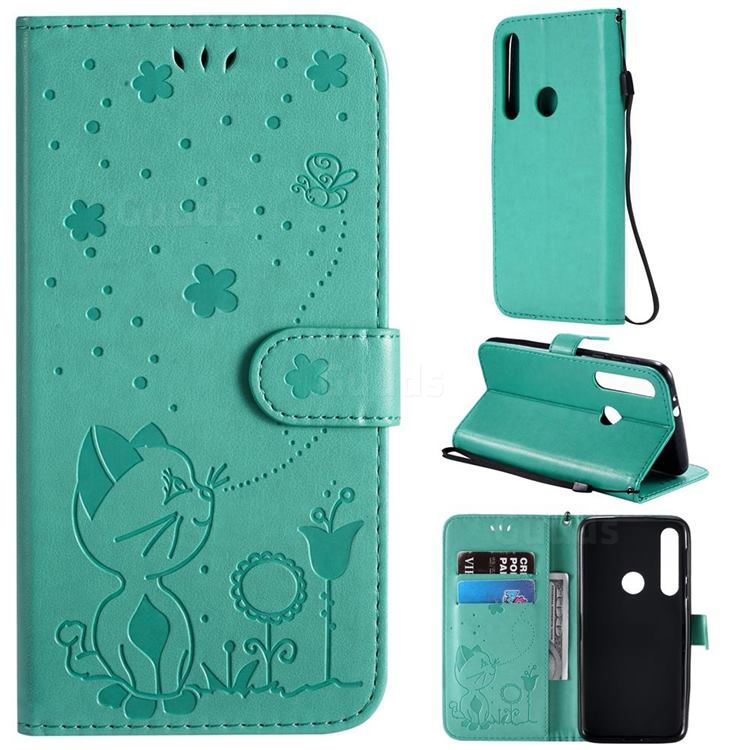 Embossing Bee and Cat Leather Wallet Case for Motorola Moto G8 Play - Green